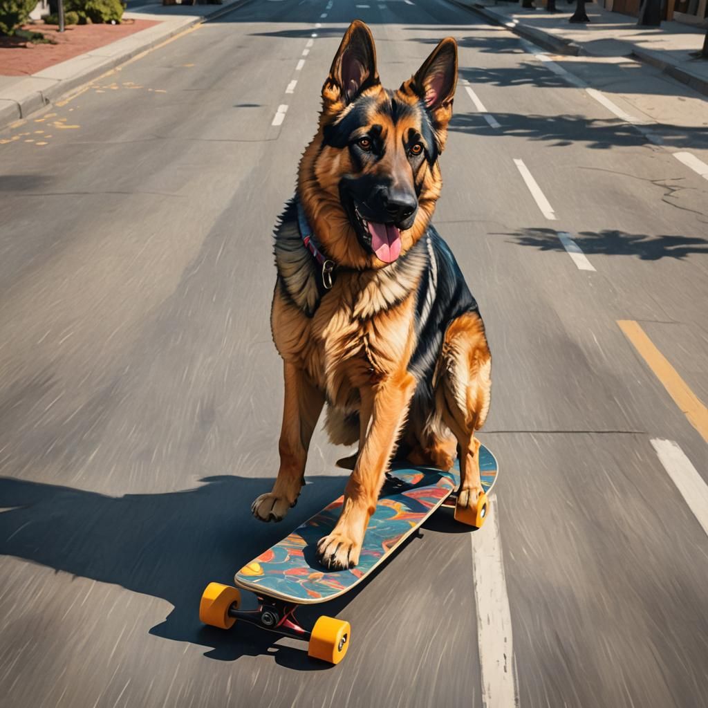 German Shepherd Dog Rides Skateboard in Digital Art