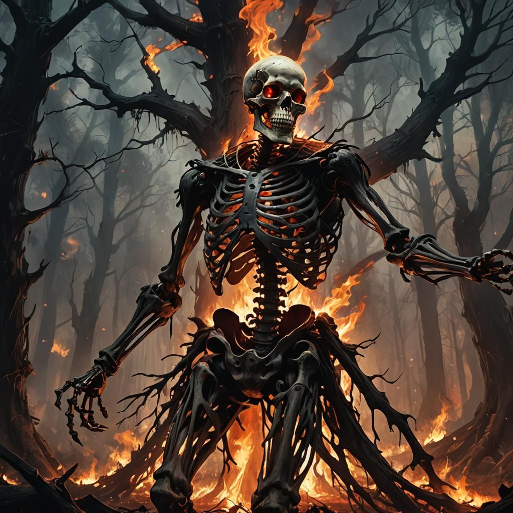 Burning Tree Skeleton: Dark Fantasy Concept Art