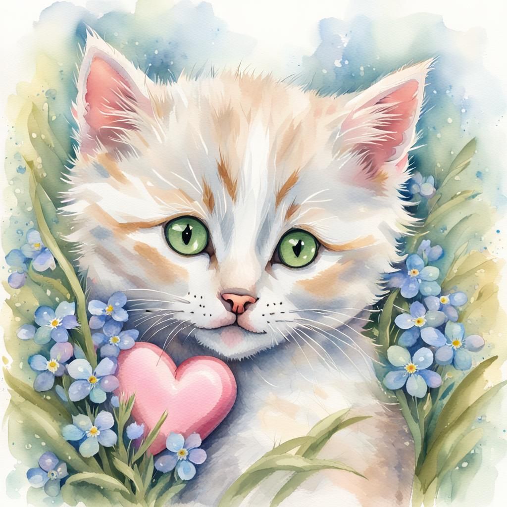 Cute Kitten Portrait in Whimsical Watercolor Style