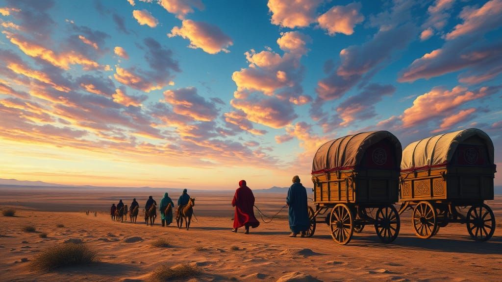 Gypsies in Desert Landscape as Impasto Painting