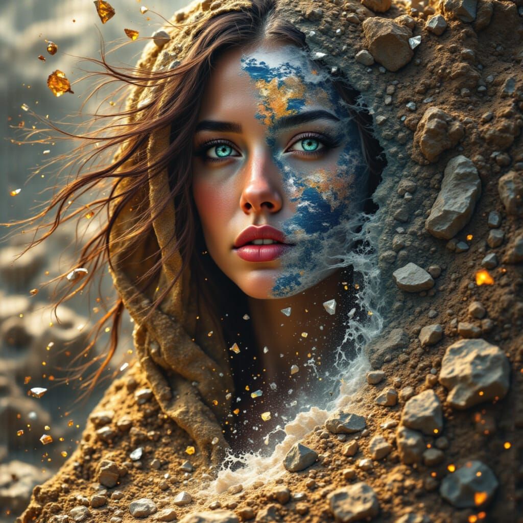 Woman Embodies Endurance Integrated with Rugged Earth Landsc...