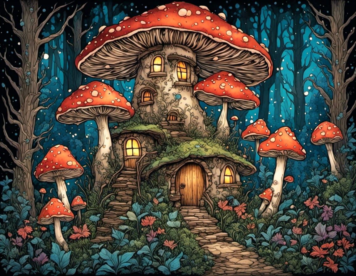 A fairy mushroom house in an enchanted bioluminescent forest...