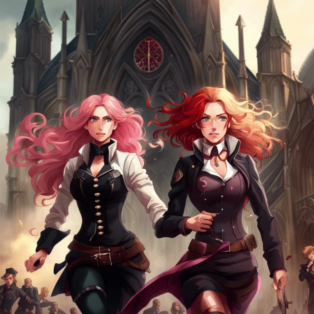 Steampunk Military Women Outside Gothic Church