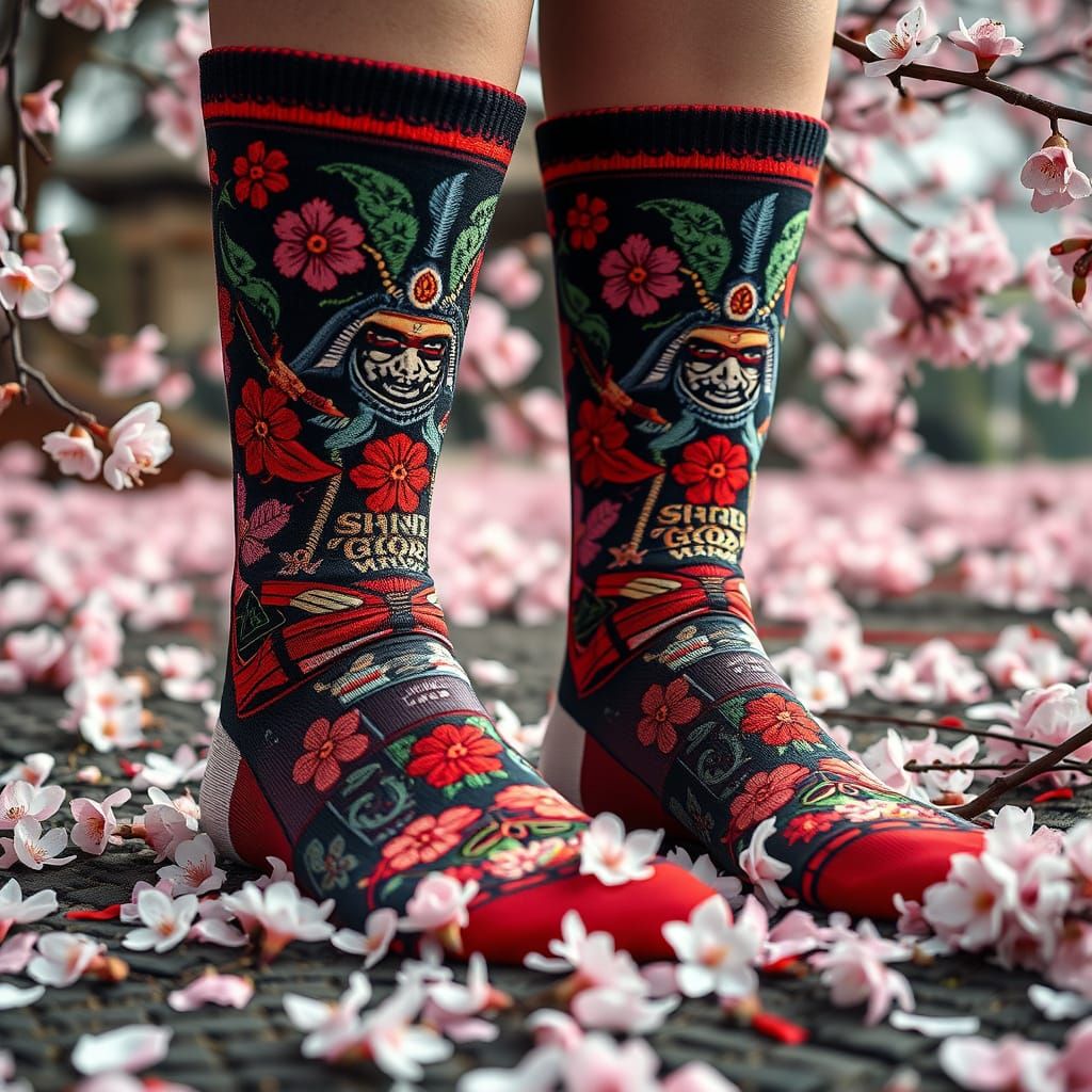 Samurai Socks with Cherry Blossoms in Japanese Art Style