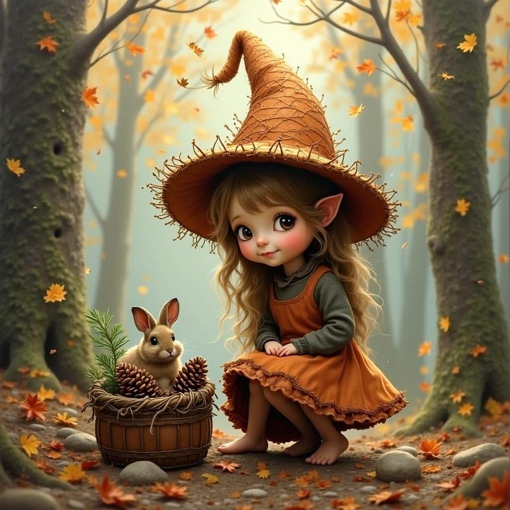 Gnome Girl in Spiderweb Hat with Rabbit in Autumn Forest