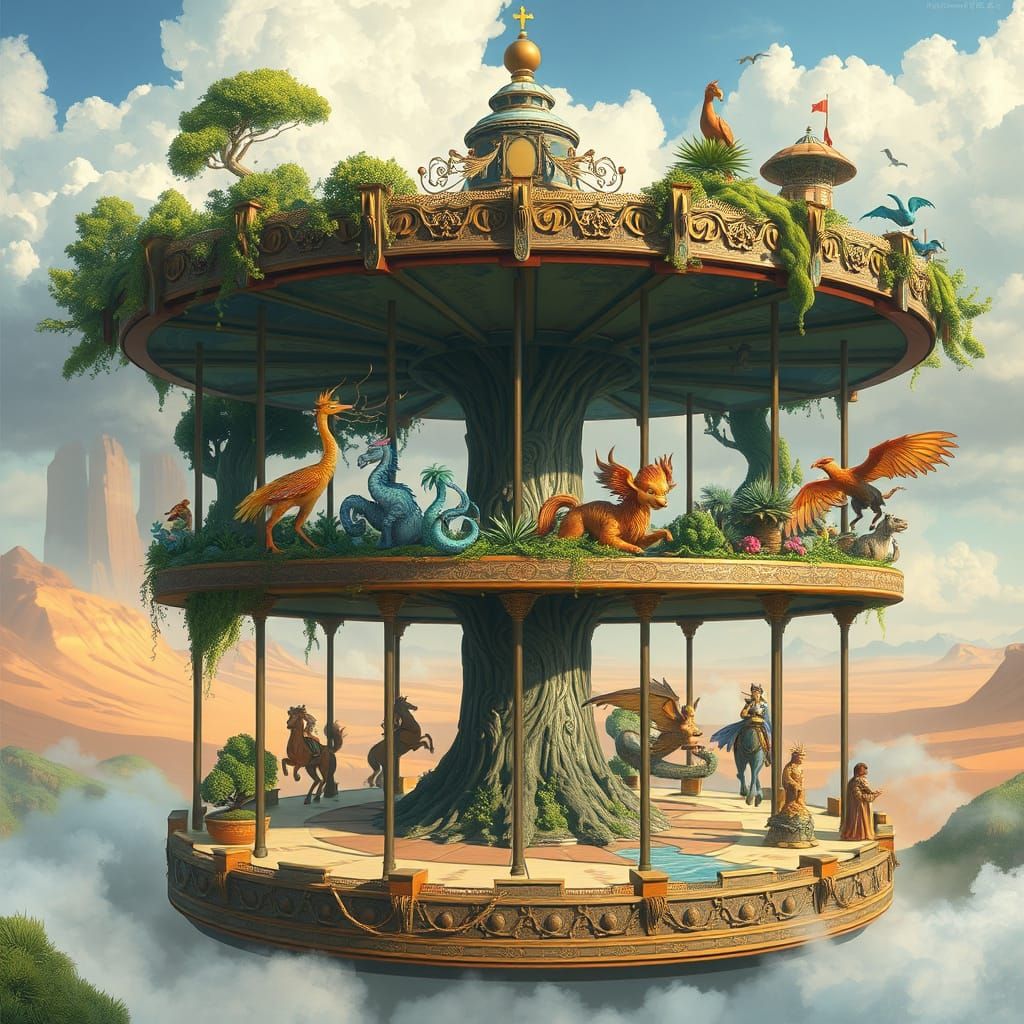 Floating Island Carousel with Mythical Creatures