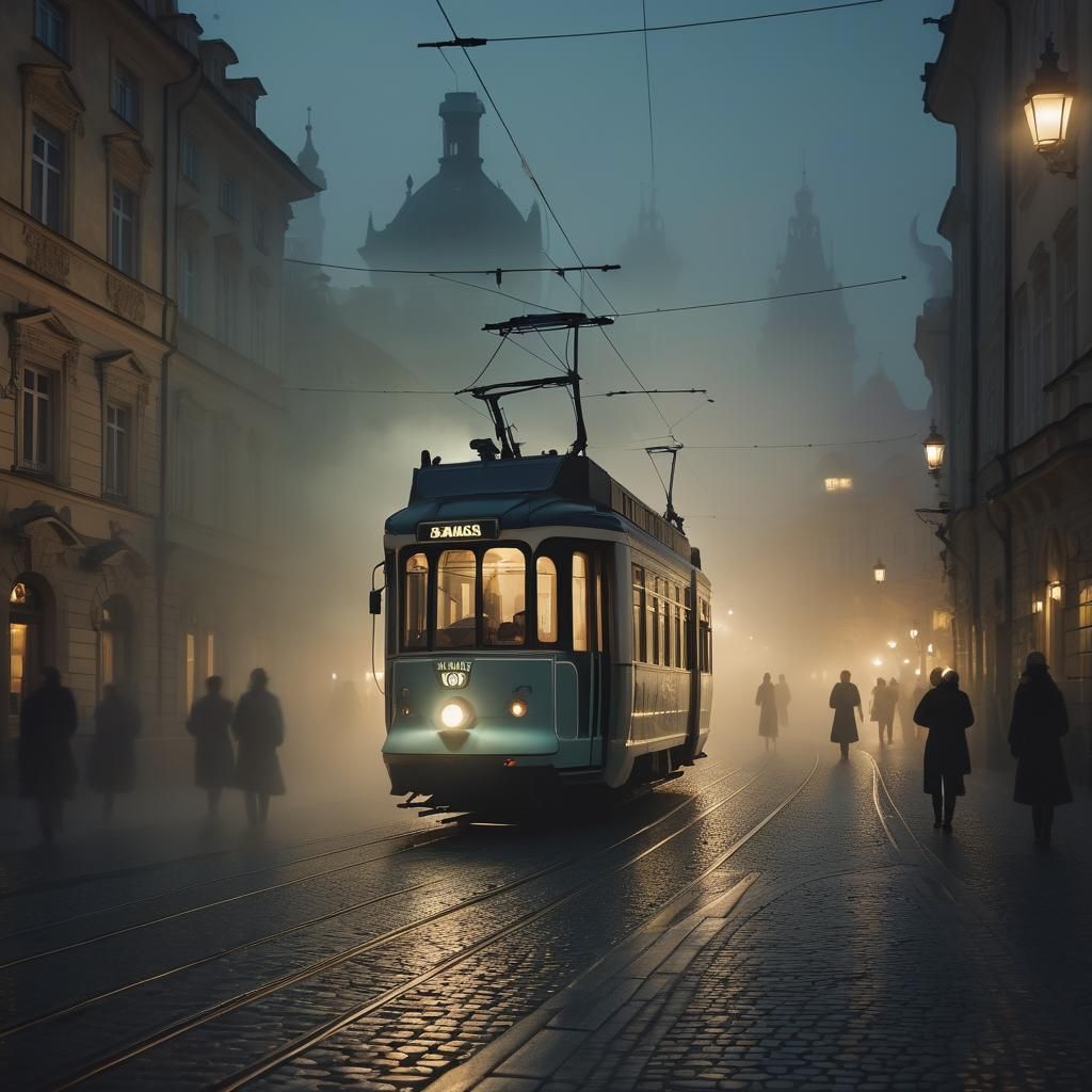 Luminous Tram Glides Through Prague: Cinematic Still