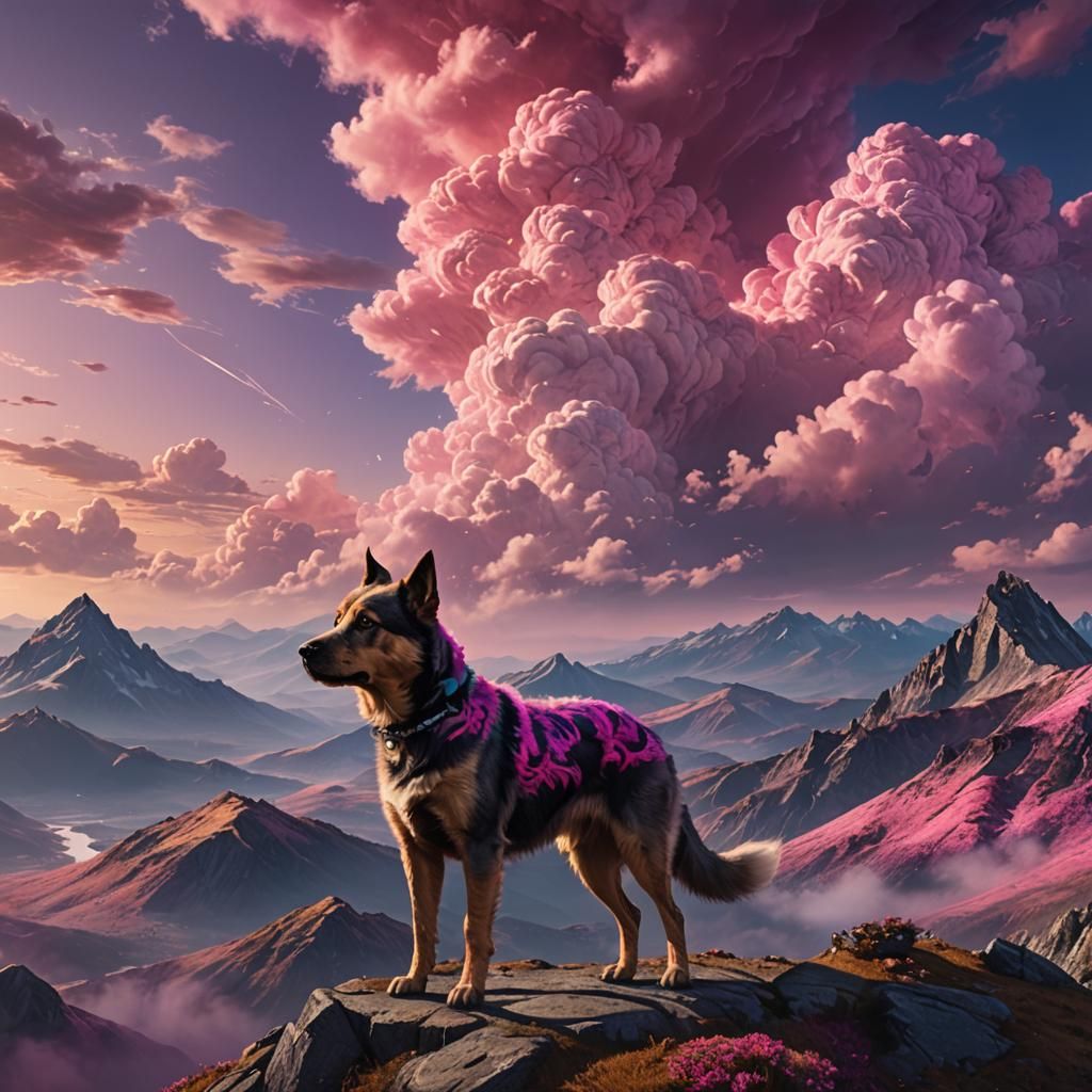 Dramatic Dog on Mountain Summit: Matte Painting