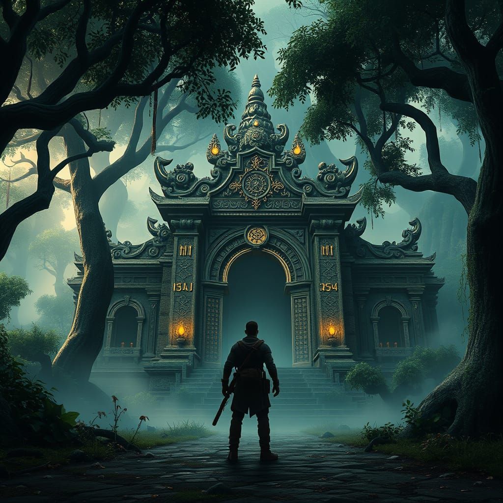 Ancient Temple Entrance with Lone Wanderer in Matte Painting...