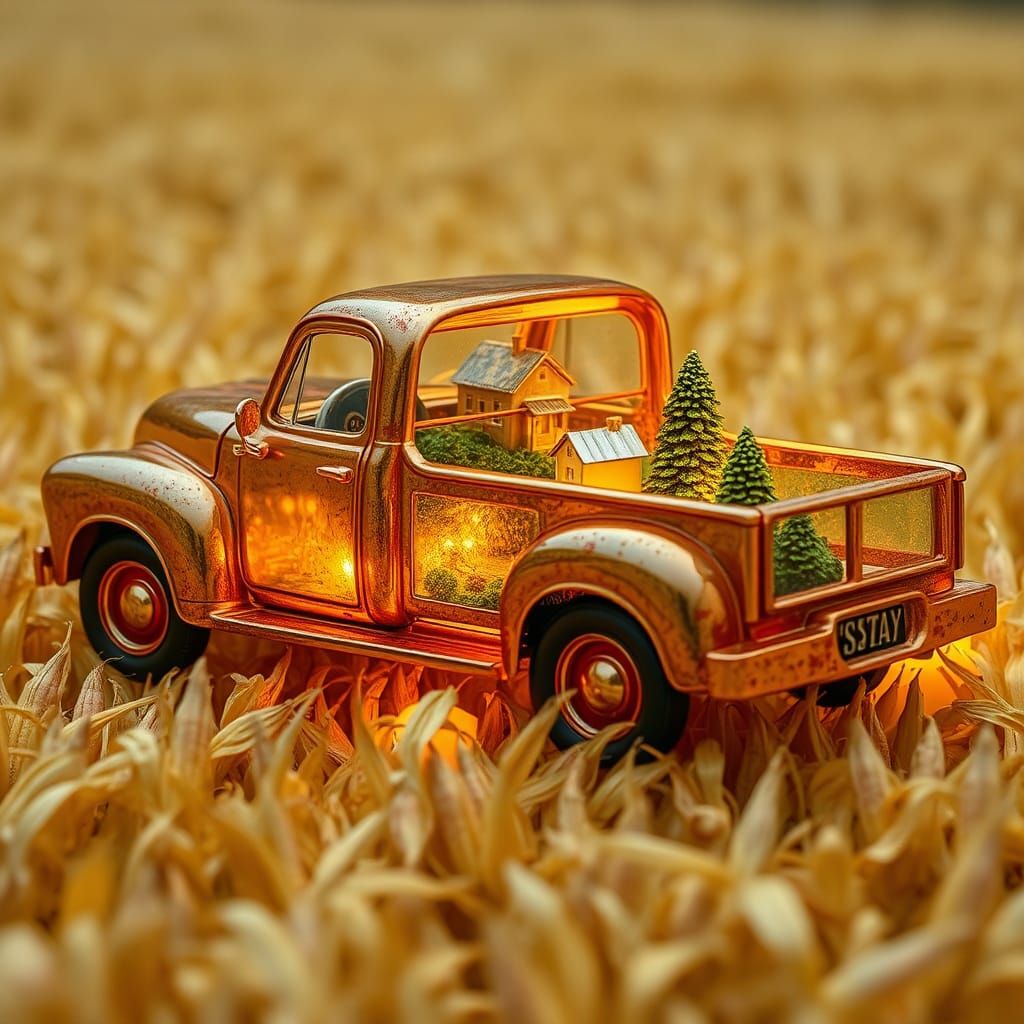 Golden Glass Pickup Truck with Miniature World