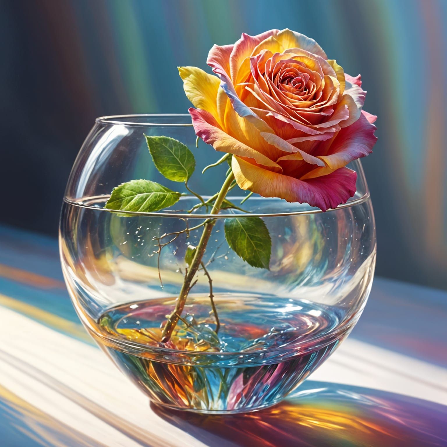 Hyperdetailed Colored Rose in Glass Vase