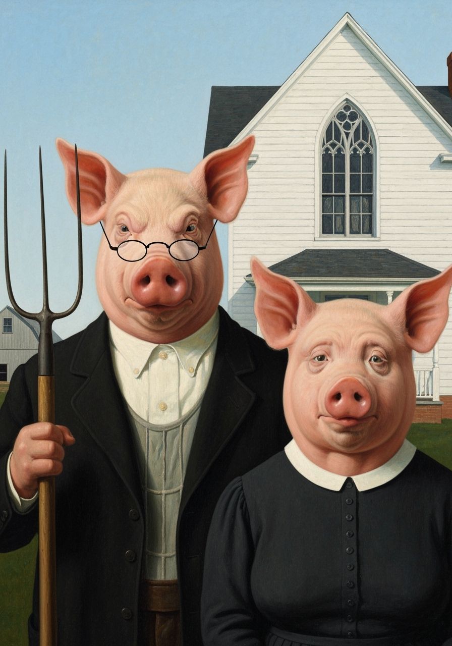 American Gothic Reimagined with Anthropomorphic Pigs