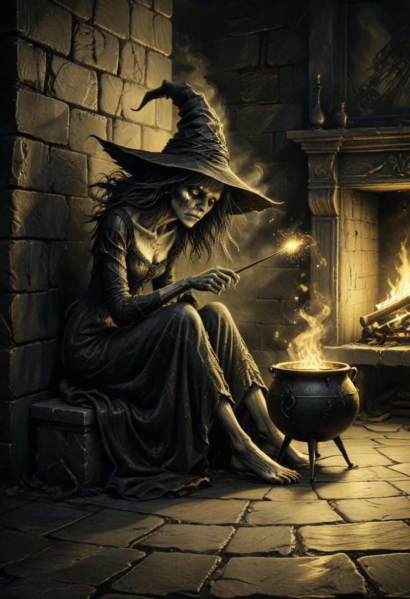 Morbid Witch Brews Potion in Dark Fantasy Art