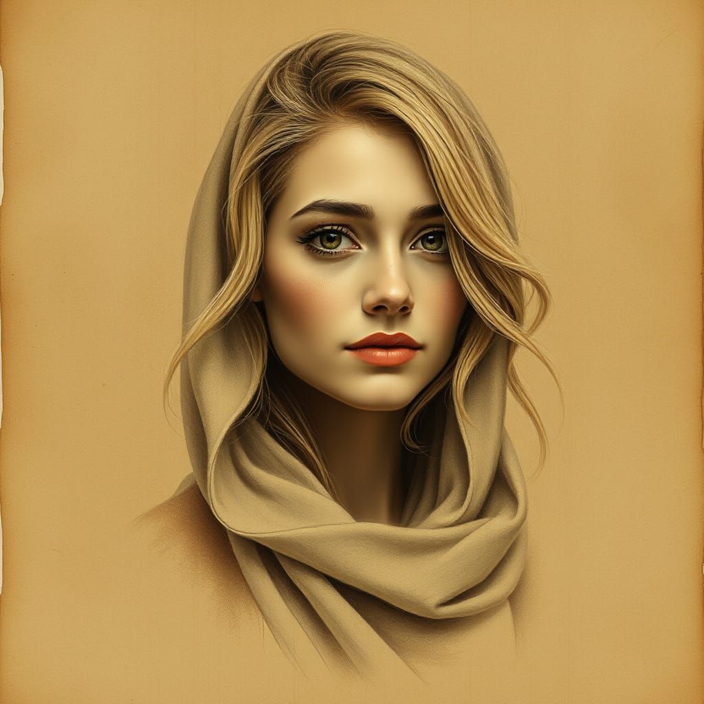 Elegant Woman Portrait on Coffee Stained Parchment