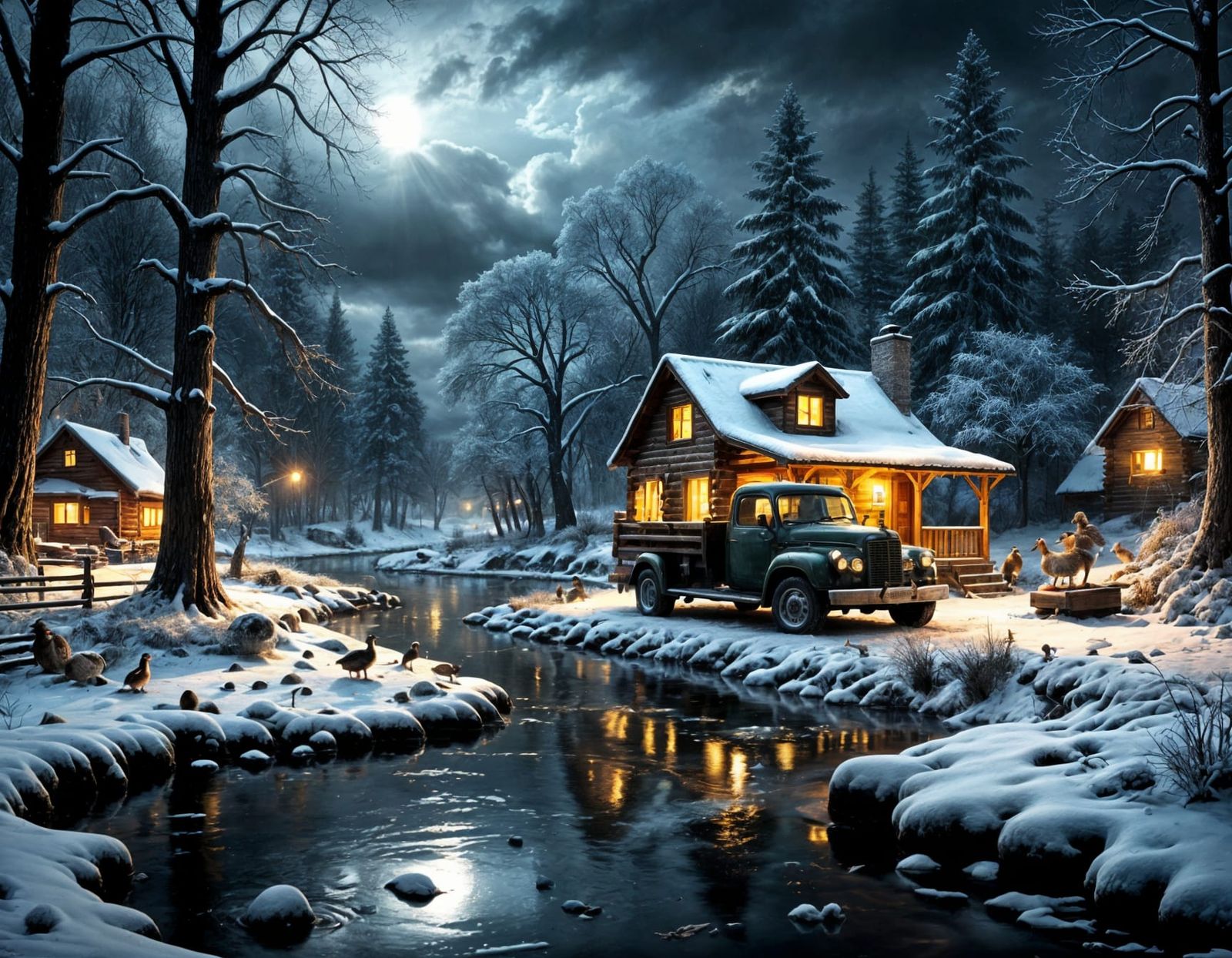 Winter Log Cabin Scene in a Terry Redlin-Inspired Digital Pa...