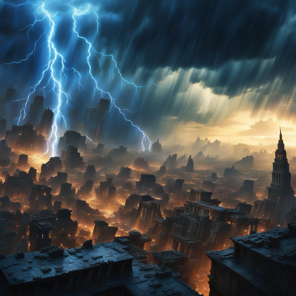 Thunderclap Over Ancient City in Digital Painting Style