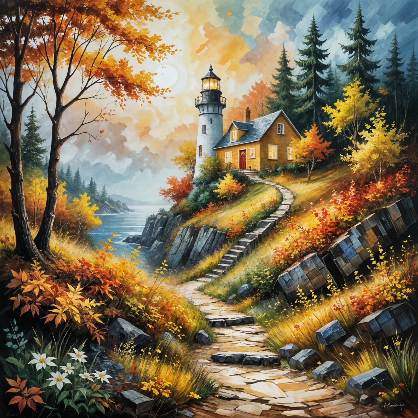 Autumn Forest Dreamscape with Whimsical Cottage