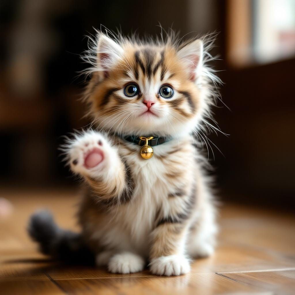 Adorable Kitten Greets Viewer in Cozy Setting