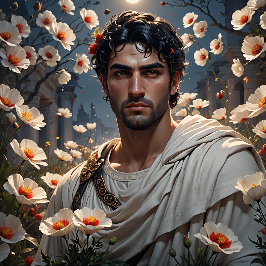 Greek God Portrait with Poppies, Detailed Matte Painting