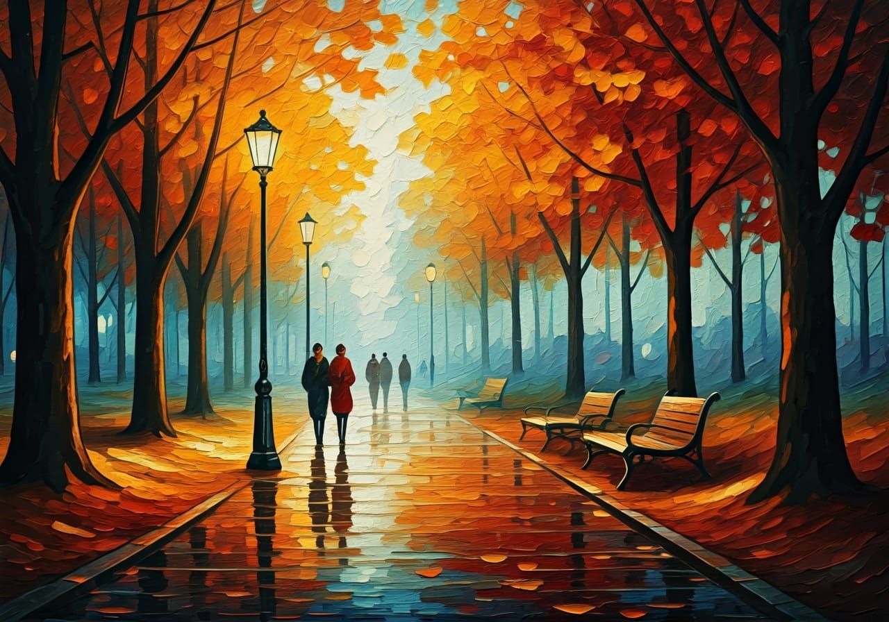 Autumn Garden Alley in Impasto Painting Style