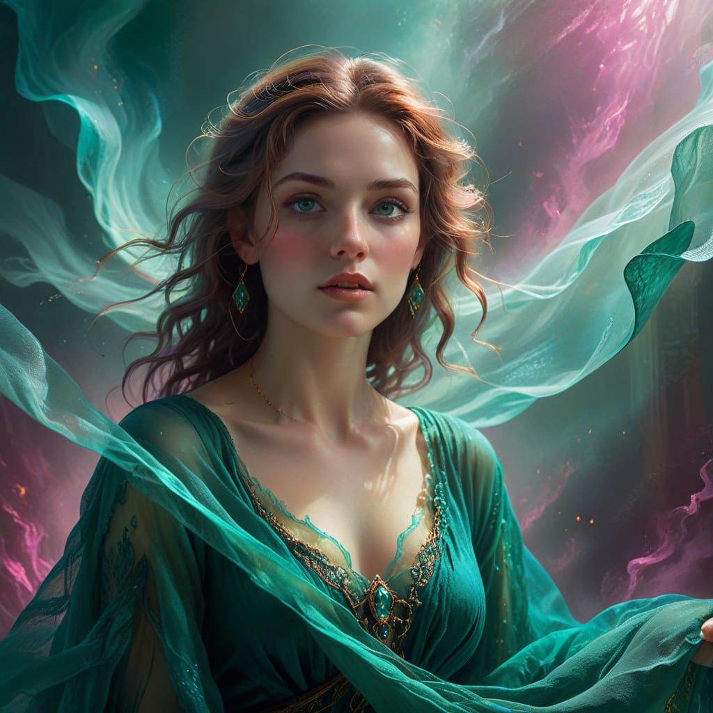 Mysterious Woman in Emerald Haze