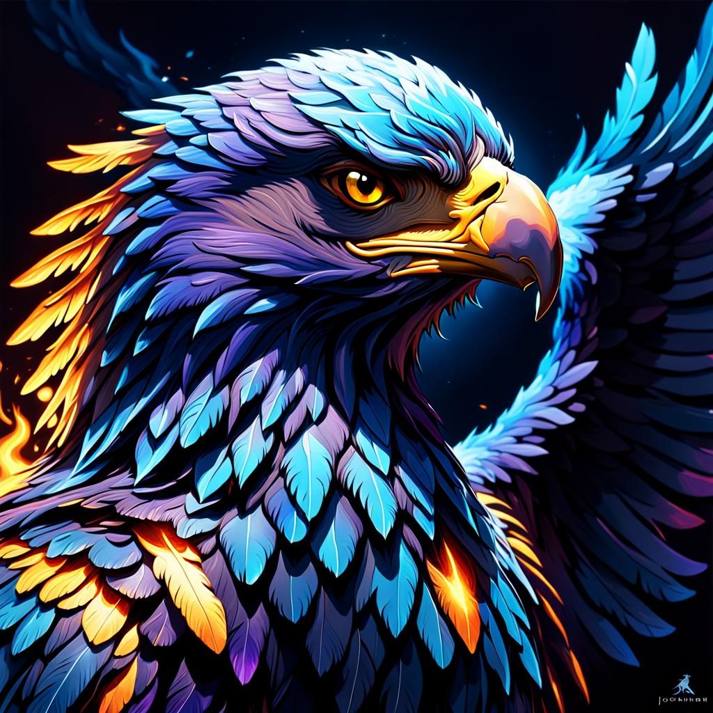 Eagle Logo,  purple orange blue red hues, icy blue  hues fla...