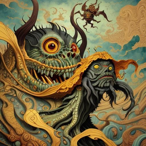 Surreal Multi-Armed Monster in Maximalist Mannerism