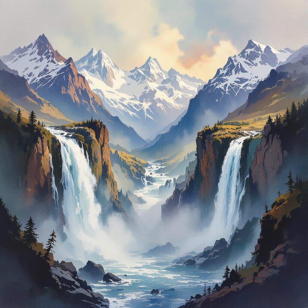 Stylized Watercolour of Waterfalls in Mountain Gorge
