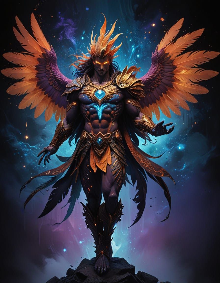 Golden Pointillism Fantasy Bird Hybrid with Majestic Wings a...