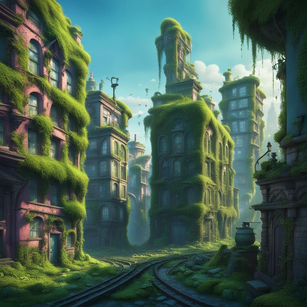 Lush Overgrown City in Animated 3D Style