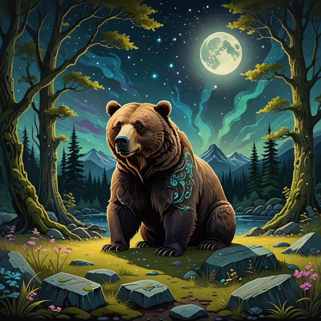 A majestic grizzly , adorned with intricate, bioluminescent ...
