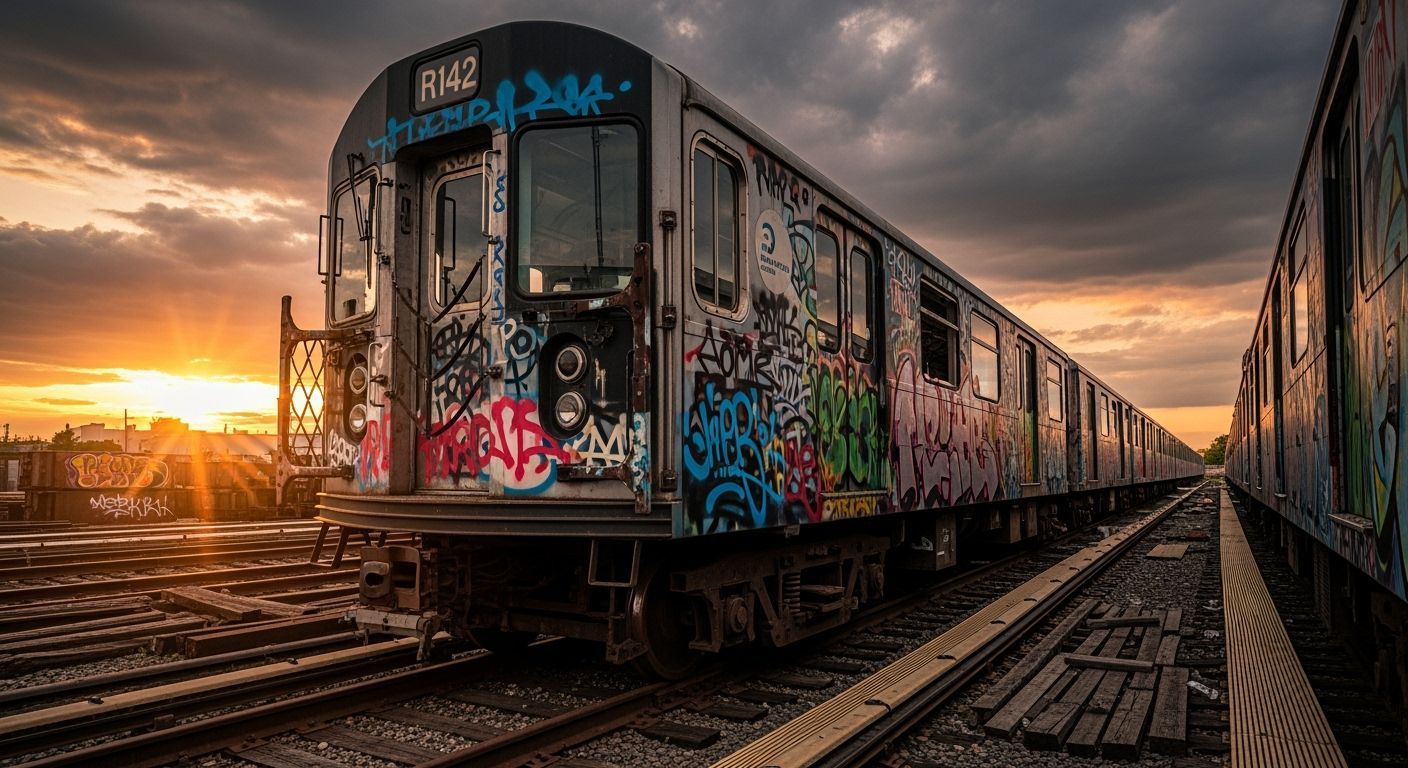 Abandoned Subway Car at Sunset, Graffiti Art