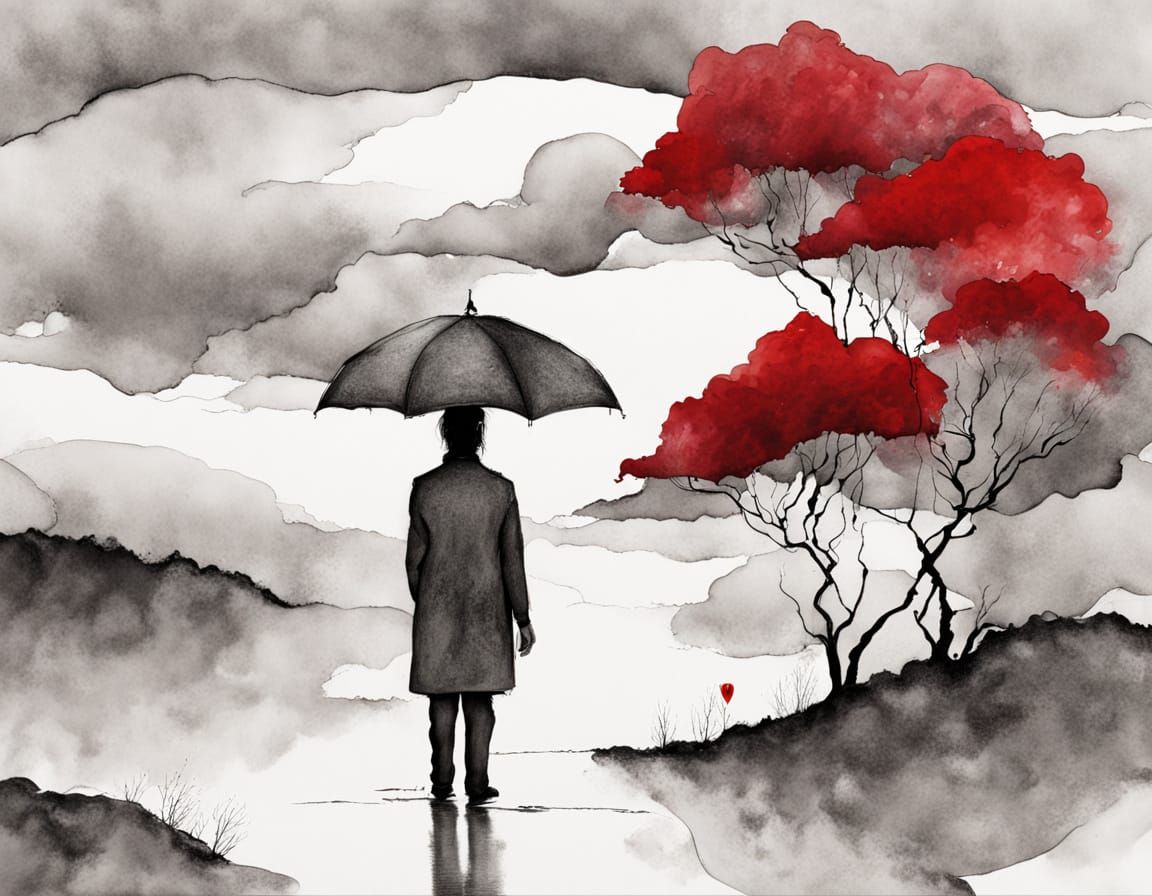 Lonely Figure in Red Rain, Minimalist Drawing