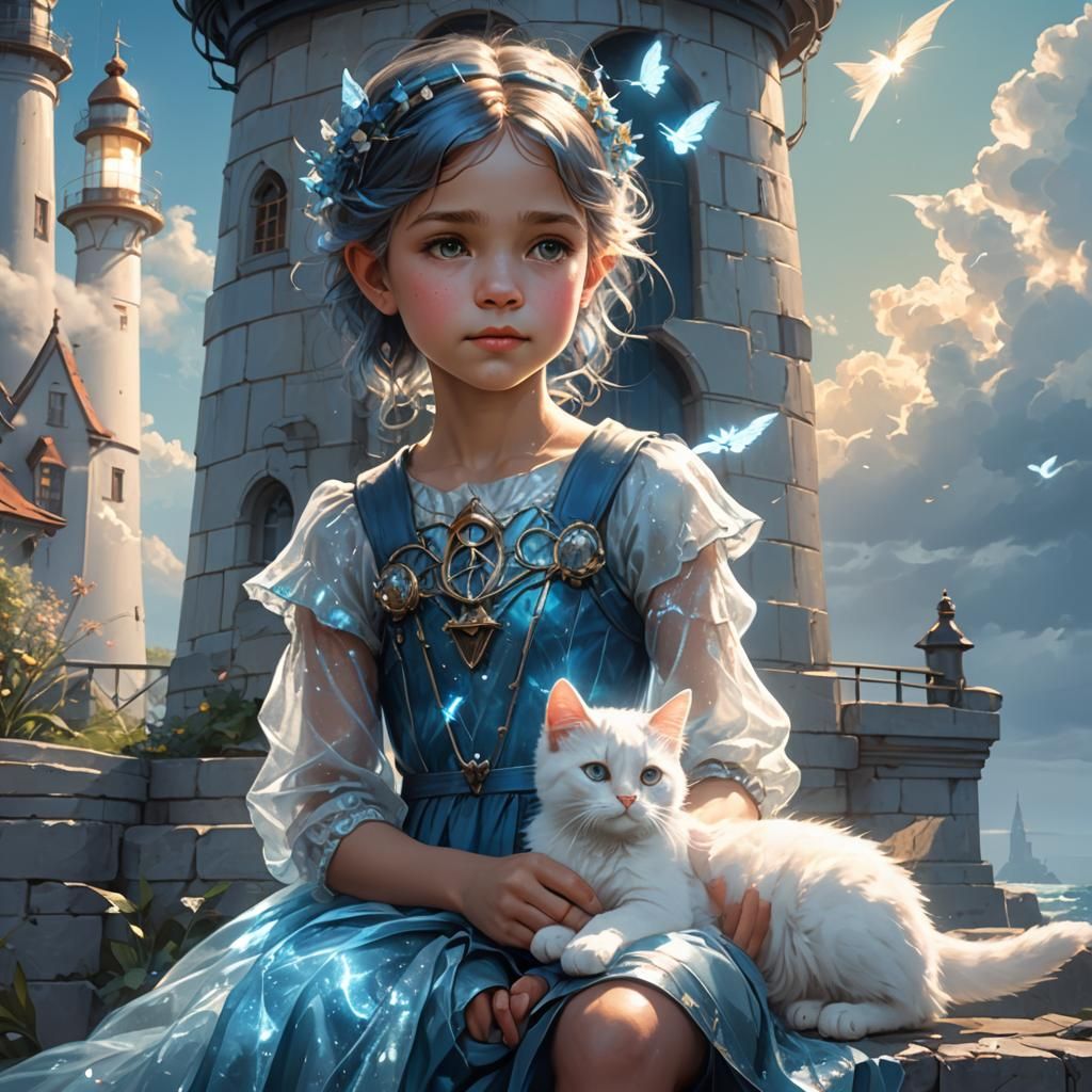 Blue Fairy and White Cat on Lighthouse