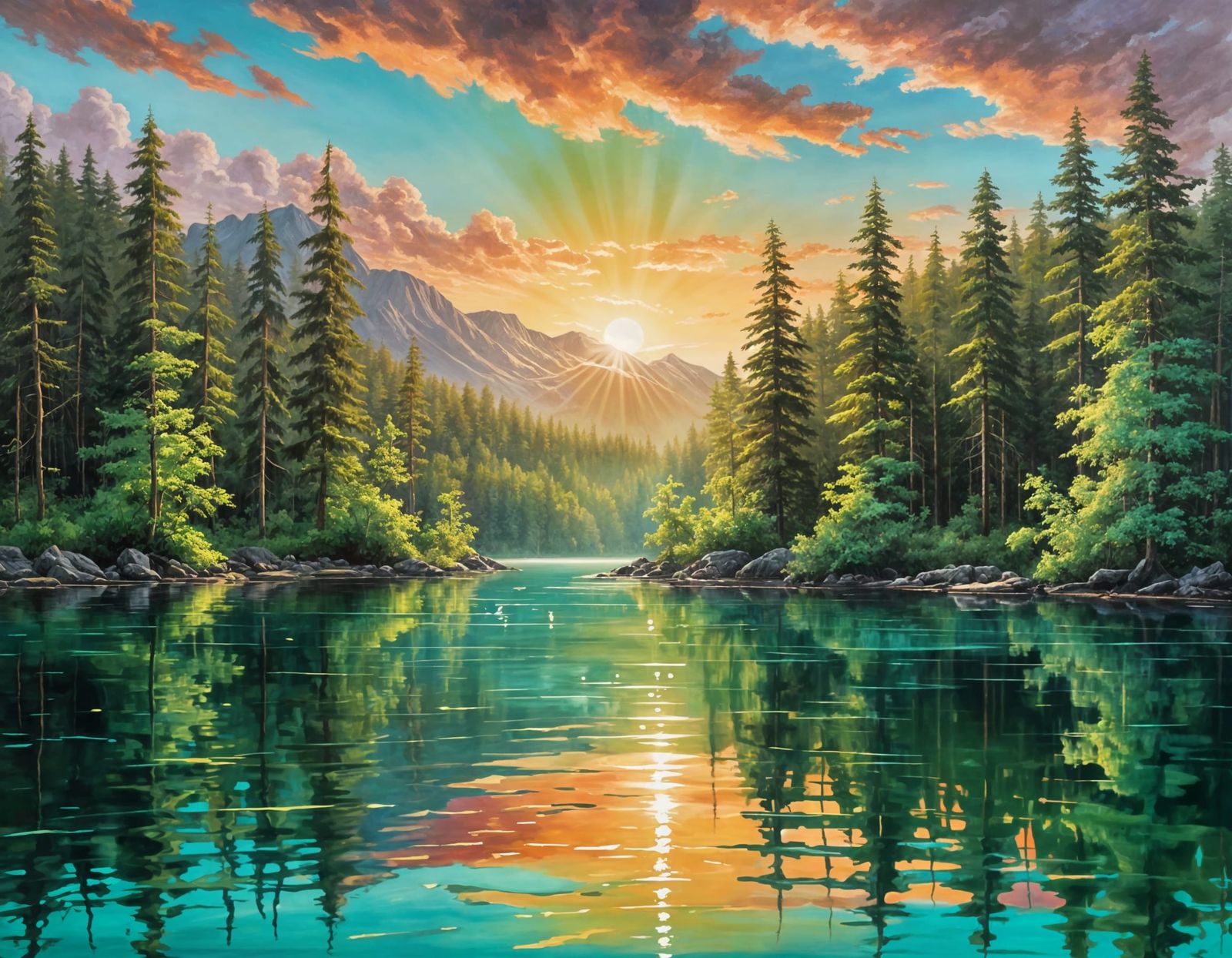 Turquoise Lake Sunset: Emerald Forest Oil Painting