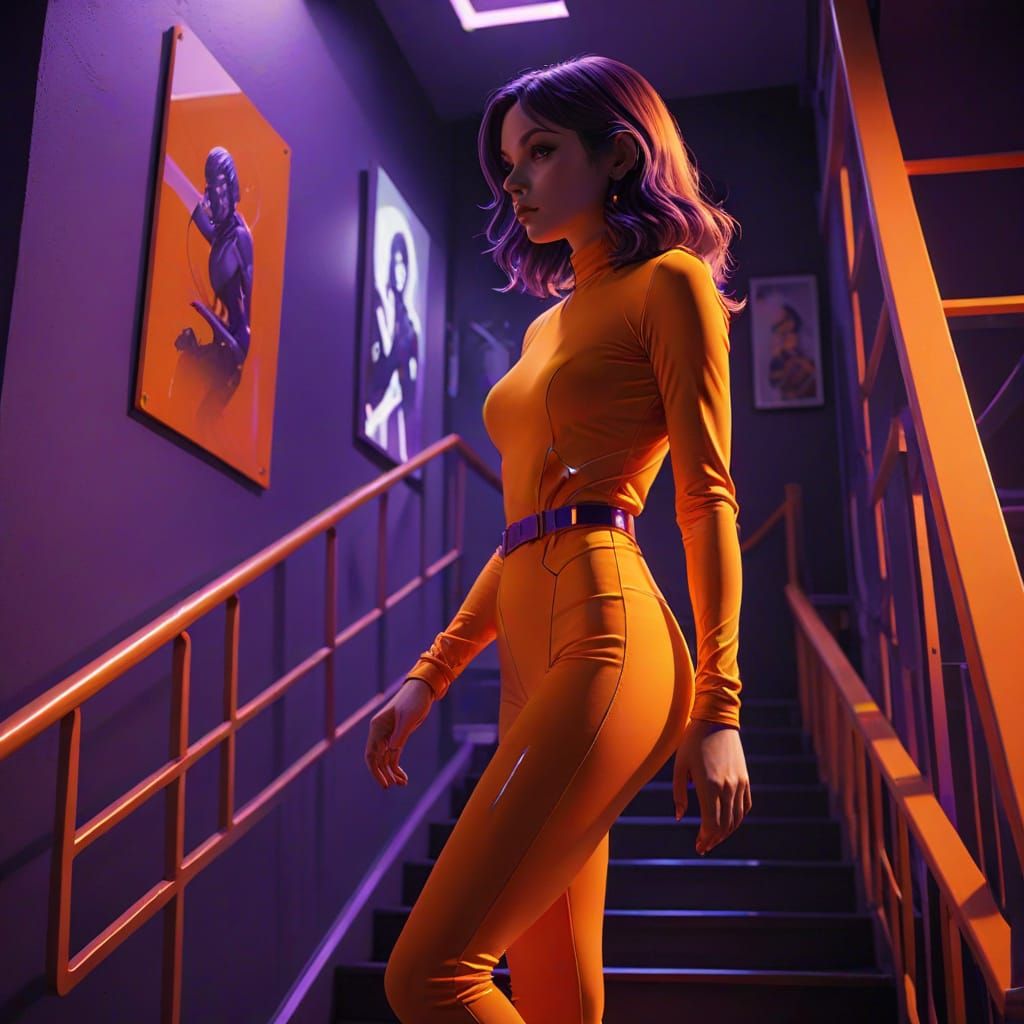 Stephanie Ascends in Neon-Lit Futuristic Halls