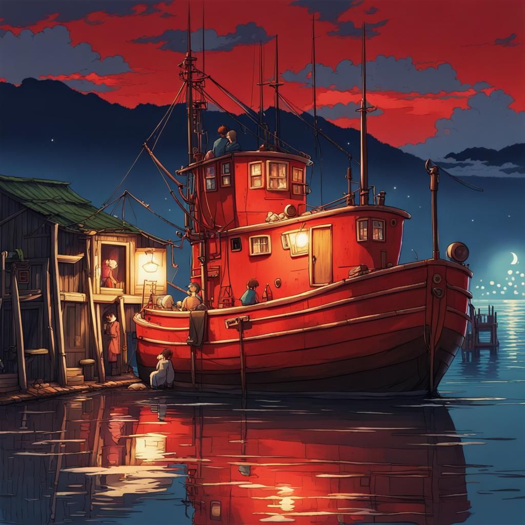Cozy Red Fishing Trawler: Studio Ghibli Anime Art