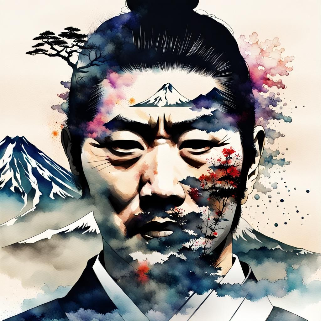 Samurai Face and Mount Fuji Double Exposure Art