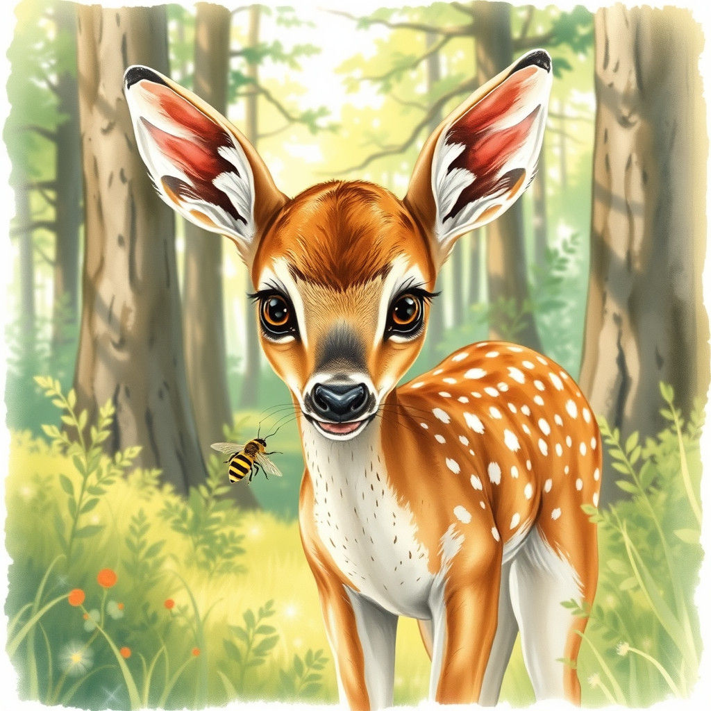 Fawn with Bee, Watercolor Illustration Style