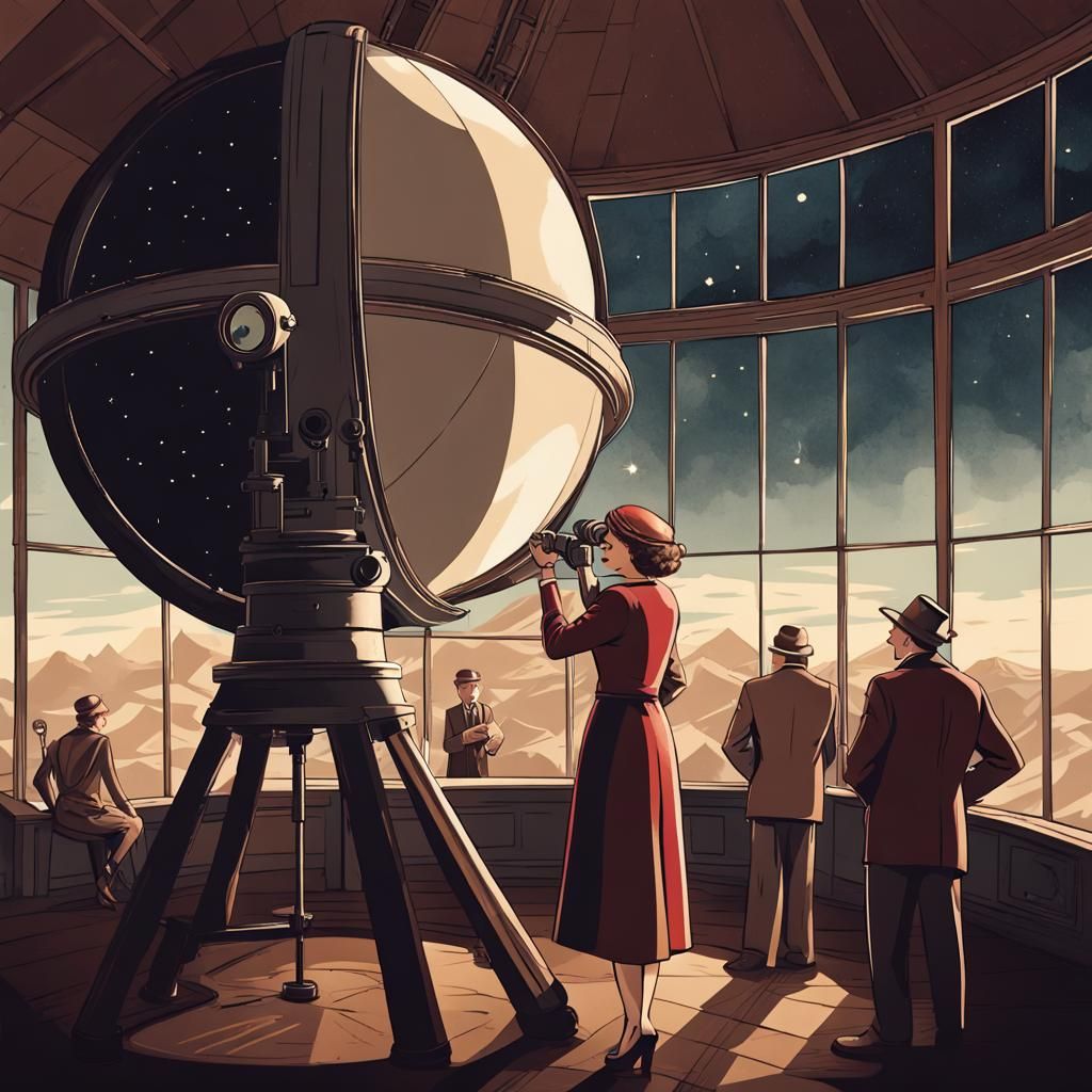 Vintage Astronomer at Observatory with Gigantic Telescope