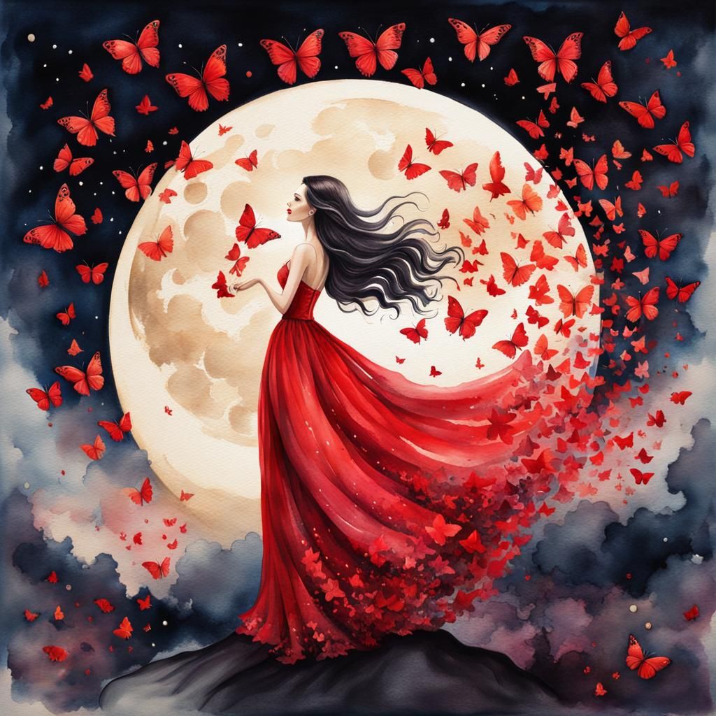 Woman in Butterfly Gown Watercolor Artwork