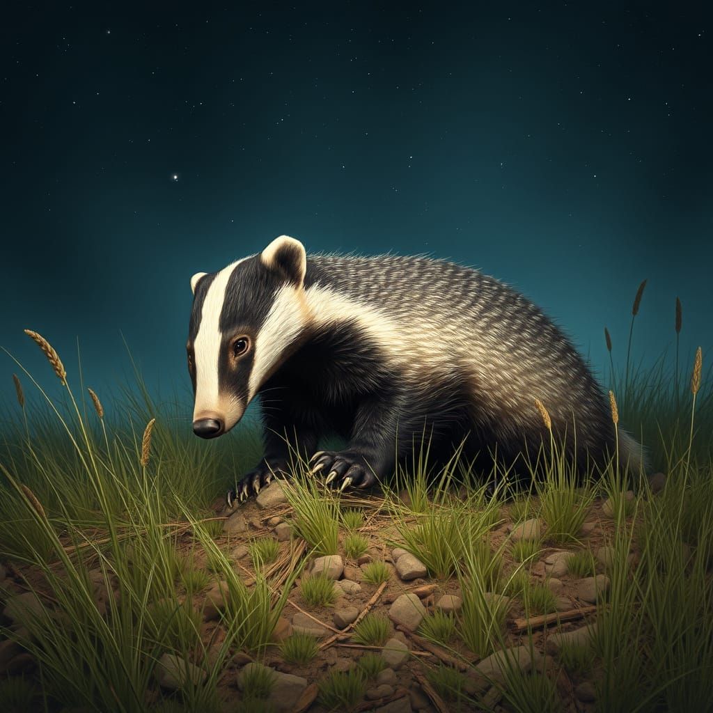 American Badger Digging Under Starry Night Sky