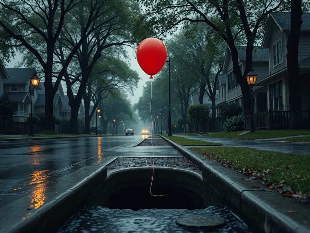 Red Balloon Emerges on Rainy Street