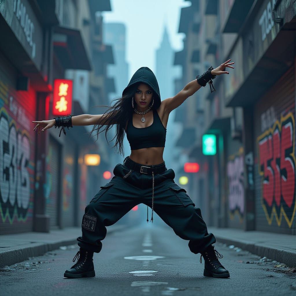 Defiant Hip-Hop Alien Dancer in Grimy Alleyway