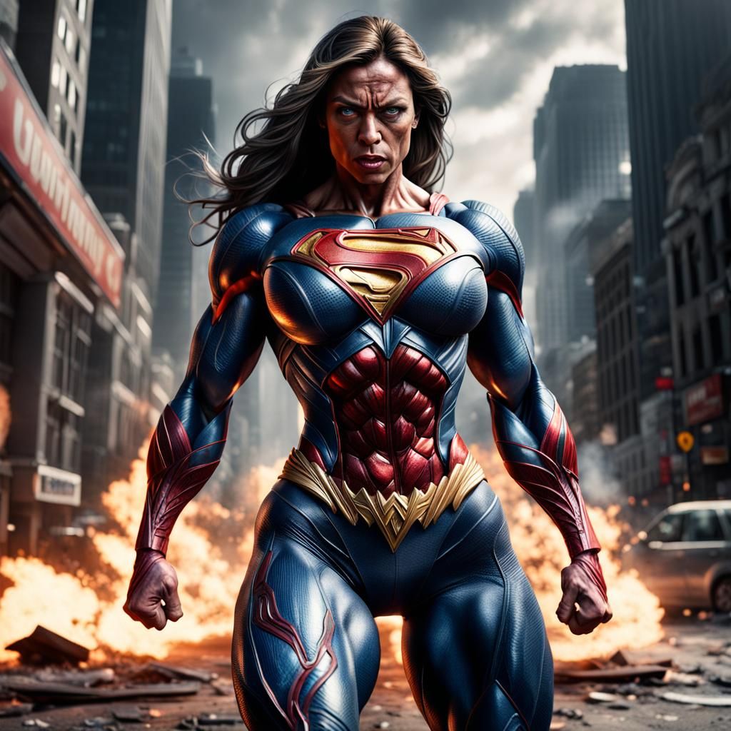 Hyperrealistic Superwoman Flexing with Heat Vision