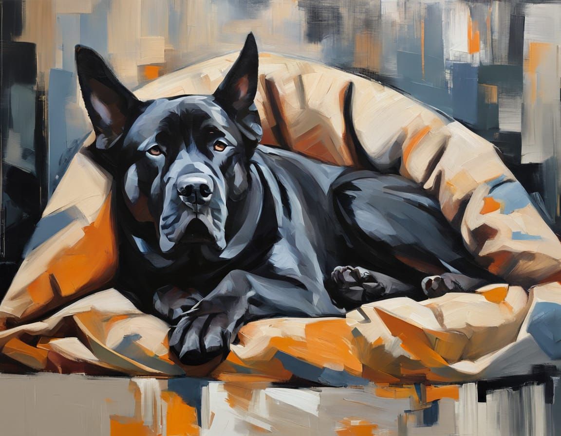 Mastiff Sleeping in Dog Bed Cubist Impressionist Painting