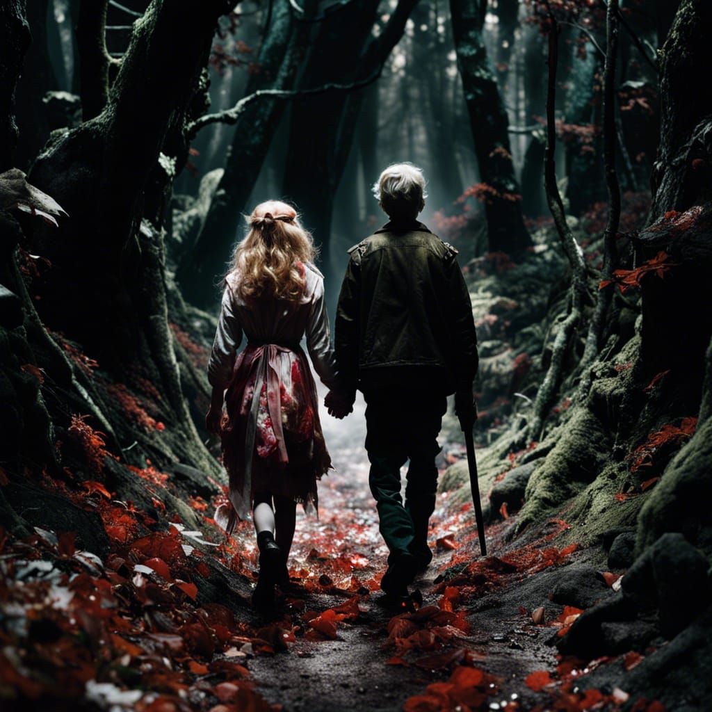 Hansel and Gretel Lost in Dark Forest, Watercolor Art