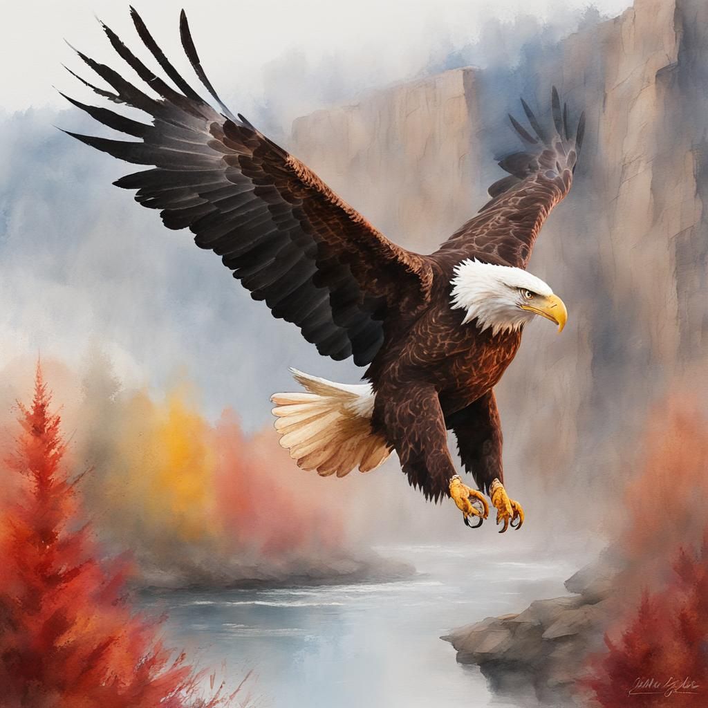 Bald Eagle Soaring Above River Cliff as Impressionist Painti...