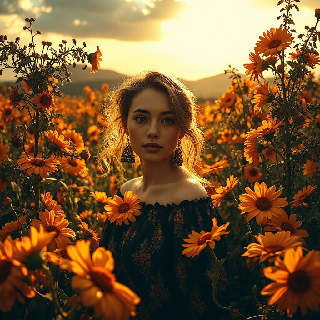 Surreal Woman Surrounded by Flowers in Ornate Style