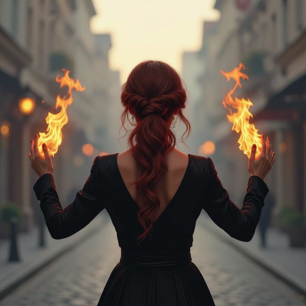 Woman Conjures Dancing Fire in Cinematic Digital Painting